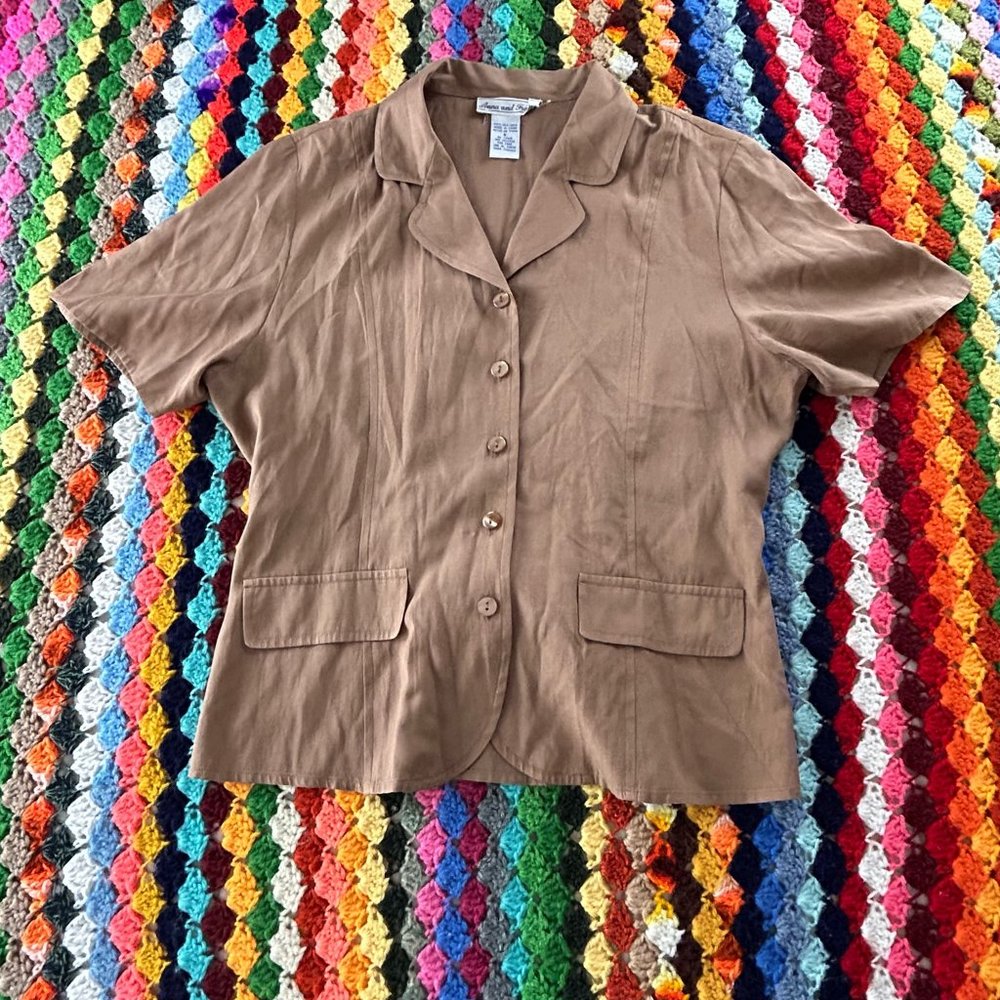 Vintage 90s Silk Anna & Frank Neutral Cinch Waist Soft Short Sleeve Blou… - Picture 6 of 10